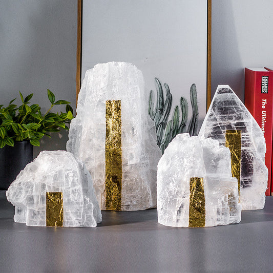 Selenite Raw Mineral Stand Ornaments with Gold Leaf