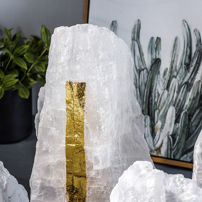 Selenite Raw Mineral Stand Ornaments with Gold Leaf