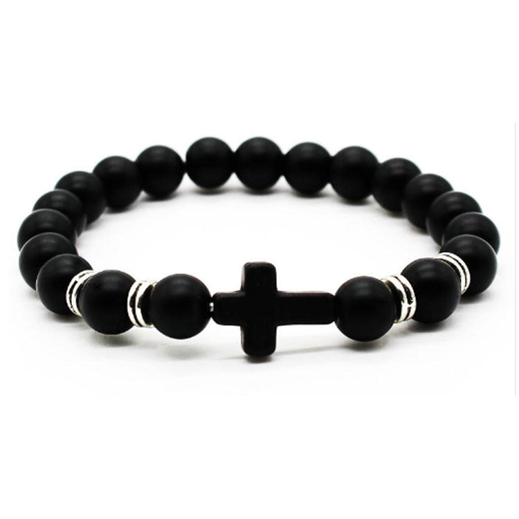 8mm Saint Cross Black Stone Bead Bracelets