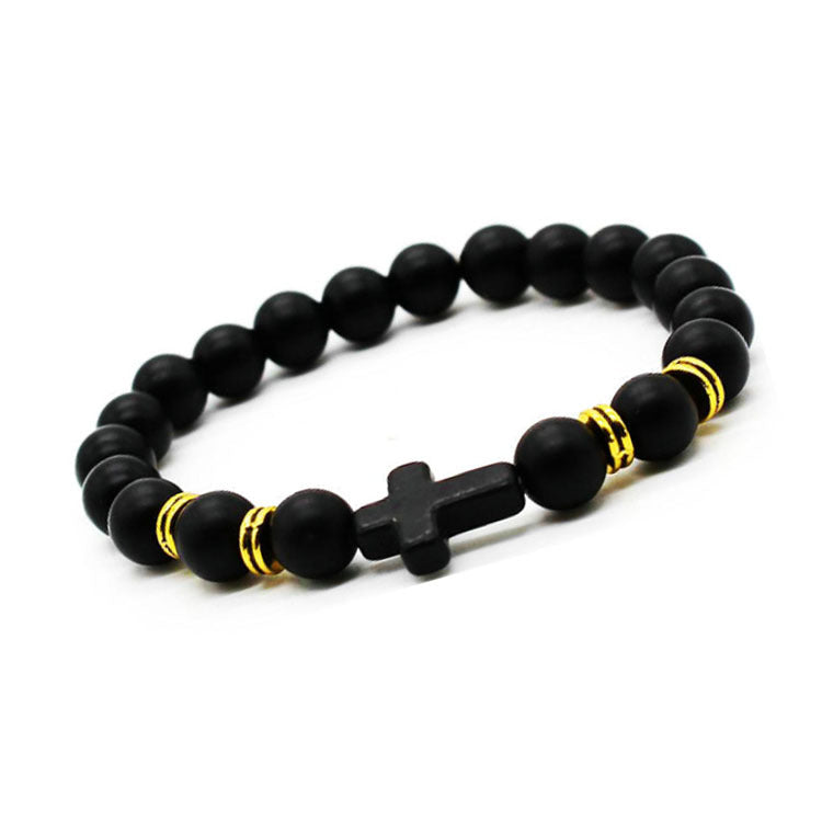 8mm Saint Cross Black Stone Bead Bracelets