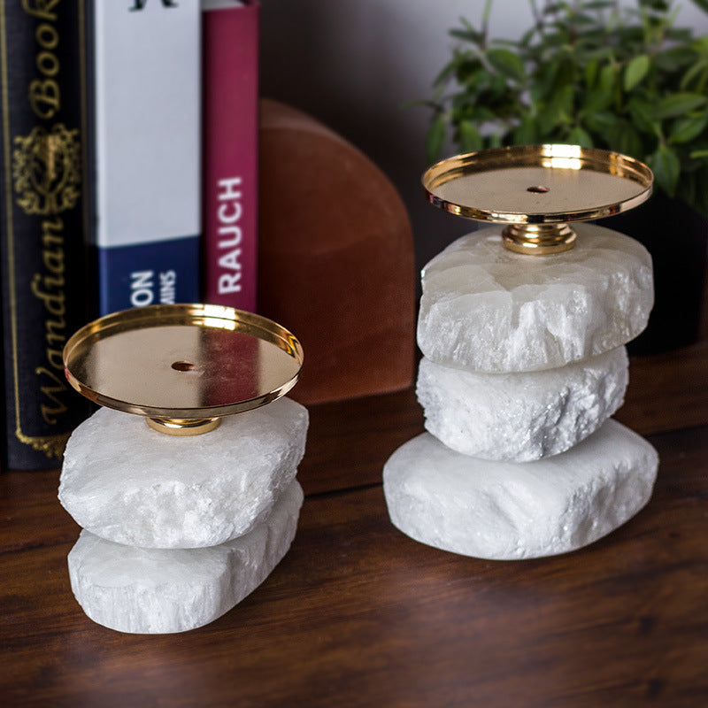 Selenite Rough Stone Double Triple Candle Holder Ornaments