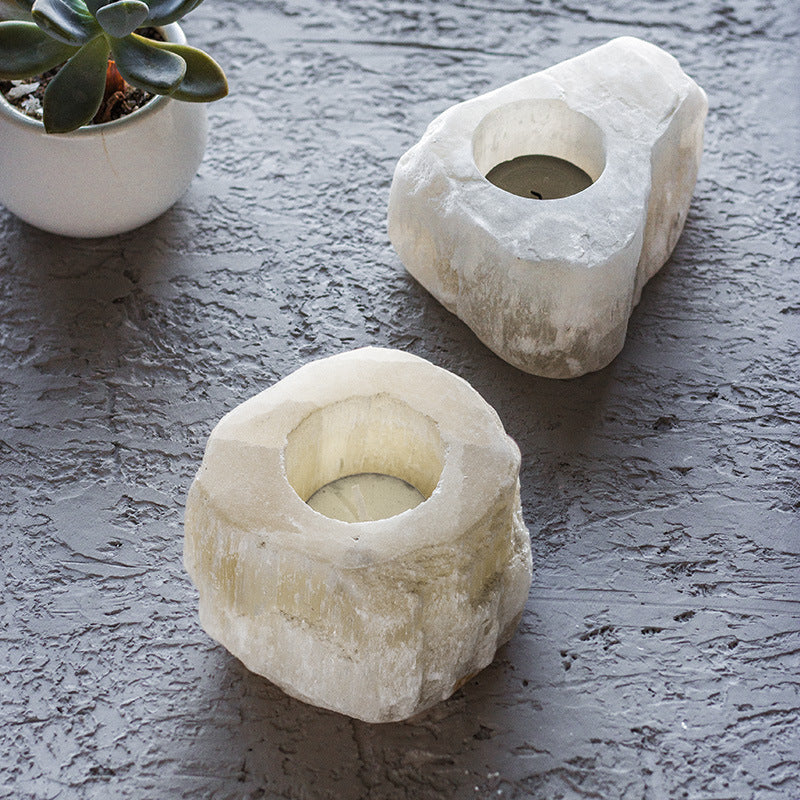 Selenite Irregular Rough Stone Candle Holder Ornaments