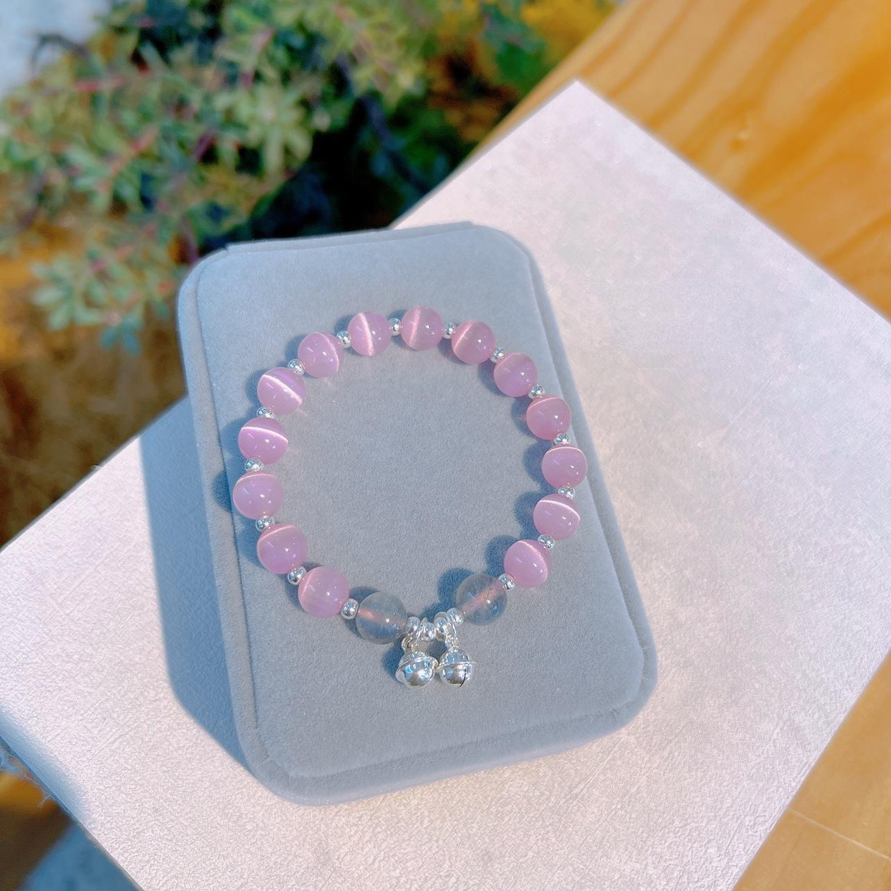 Pink Cat Eye Stone and Gray Moonstone Bell 8mm Bead Bracelets