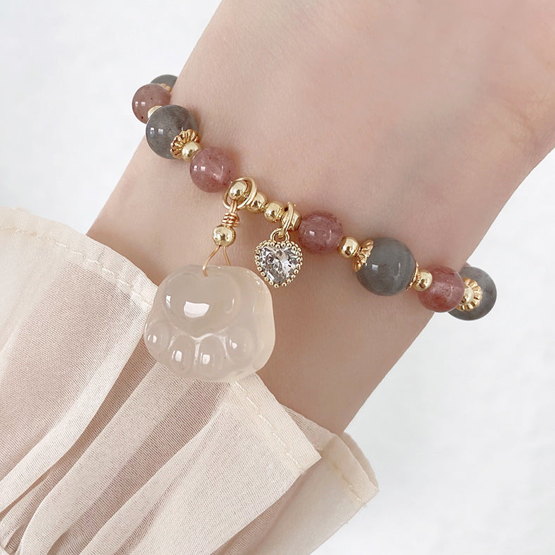 Strawberry Quartz+Gray Moonstone Bear Bead Bracelets