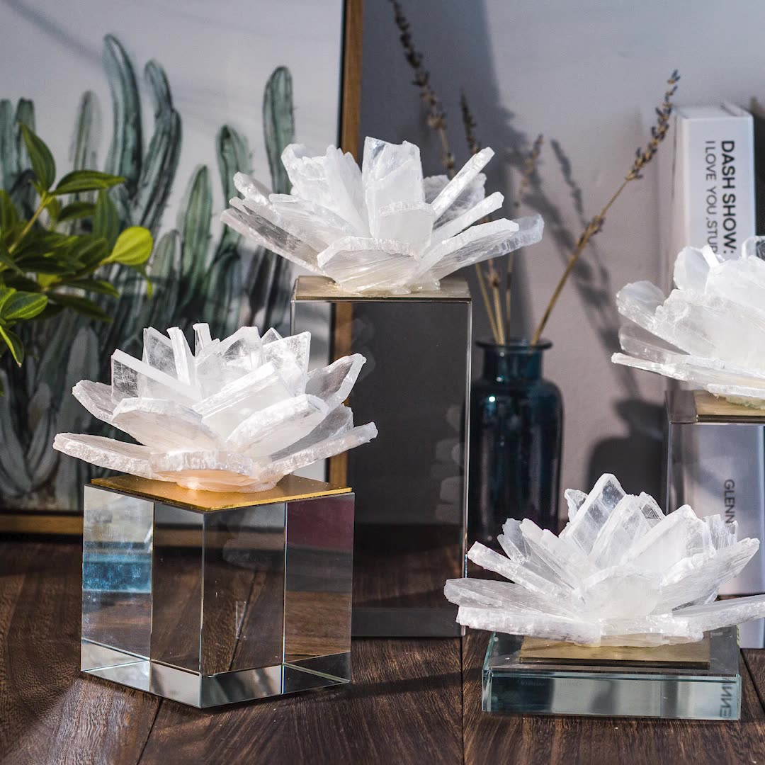 Selenite Clear Flower Glass Cube Home Ornaments