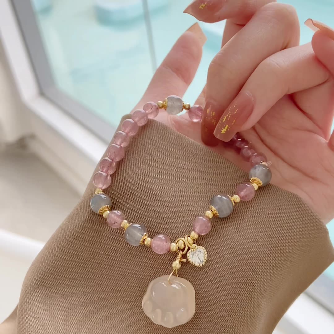 Strawberry Quartz+Gray Moonstone Bear Bead Bracelets