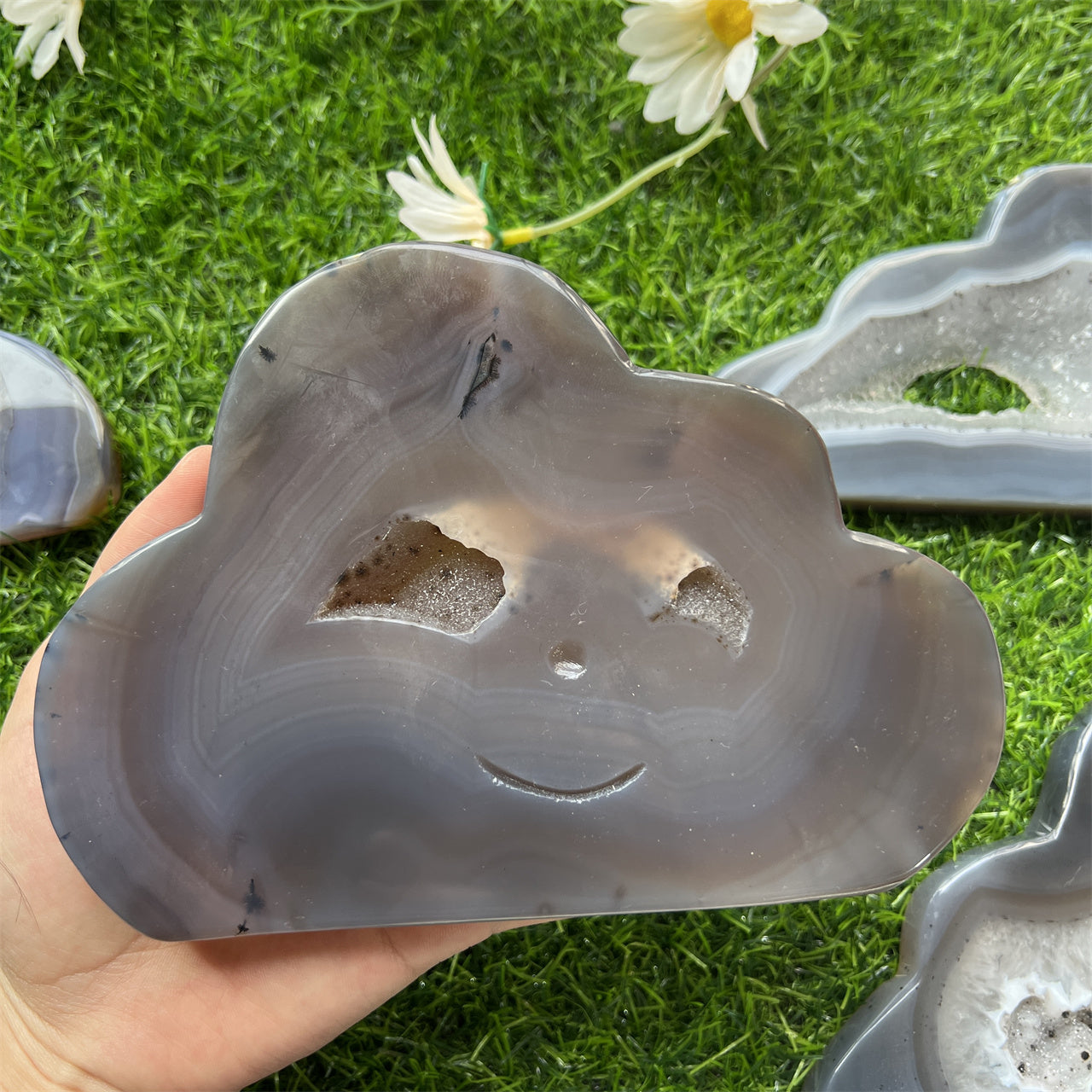 Grey Agate Geode Druzy Cloud Carvings