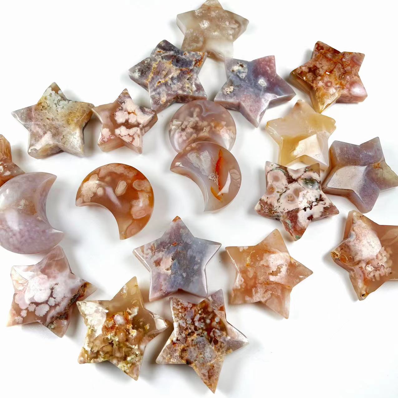 Flower Agate Moon and Star Carvings