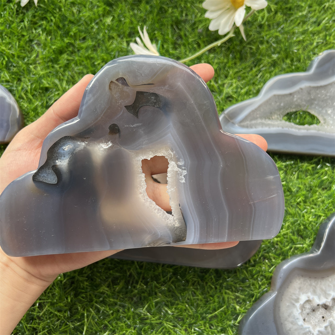 Grey Agate Geode Druzy Cloud Carvings